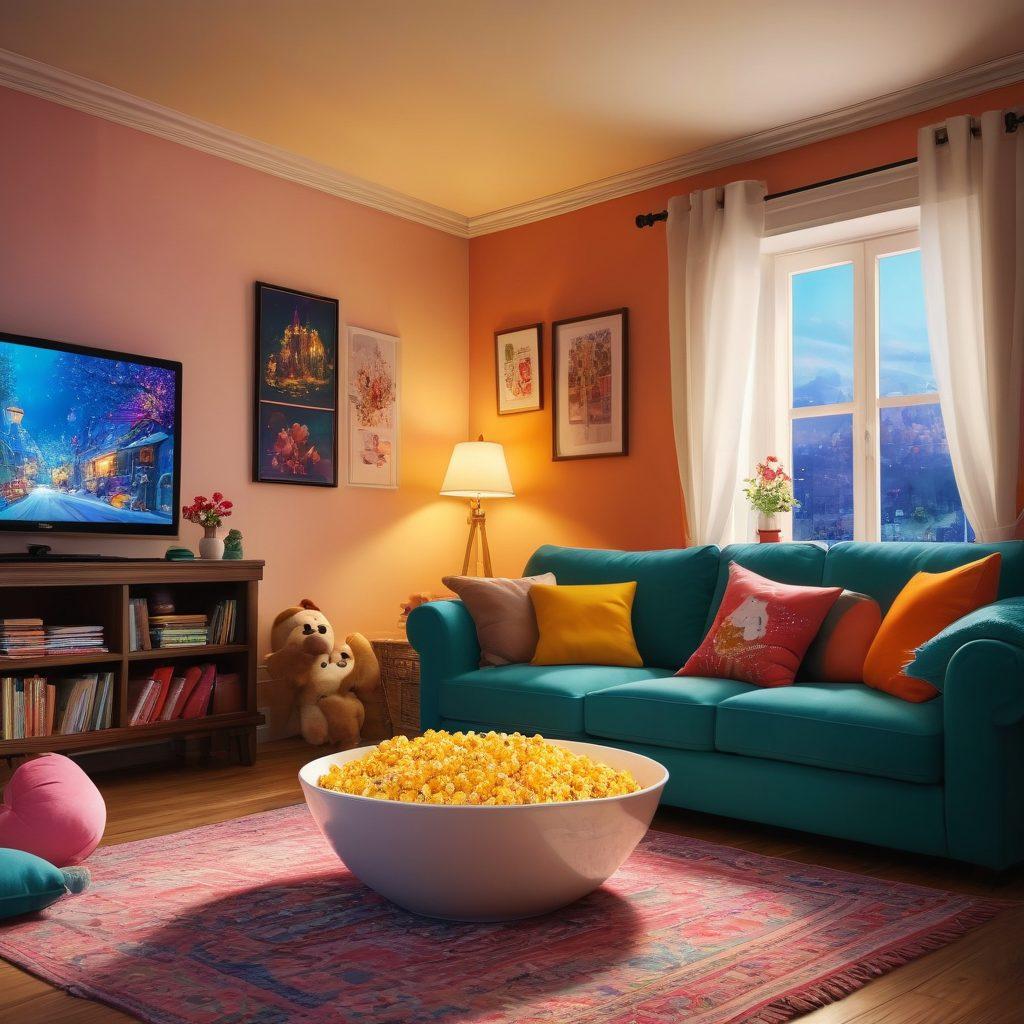 A cozy living room filled with plush sofas, colorful pillows, and a big screen displaying vibrant animations. A character with a joyful expression reaches for a bowl of popcorn, surrounded by whimsical characters from various animated series. The room is decorated with fairy lights and plush toys, creating a warm and inviting atmosphere. The colors are bright and lively, reflecting the enchanting world of animation. super-realistic. vibrant colors. cozy atmosphere.