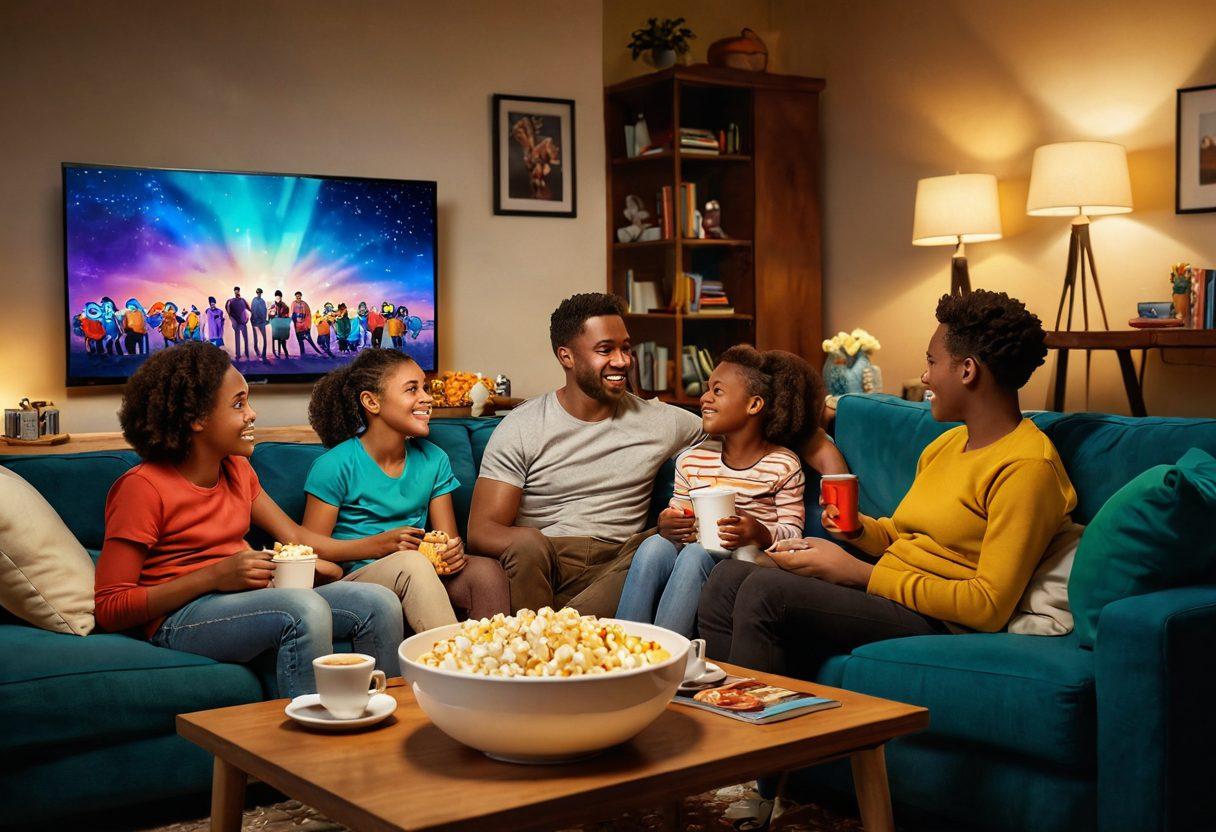 A cozy living room scene with a large screen displaying colorful animated films, plush cushions scattered about, warm ambient lighting, a bowl of popcorn on a coffee table, and a family of four enjoying the film together, evoking feelings of joy and contentment. vibrant colors. super-realistic. warm lighting.